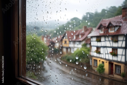 raindrops tracing paths down a large window with village with half timbered houses in background out of focus