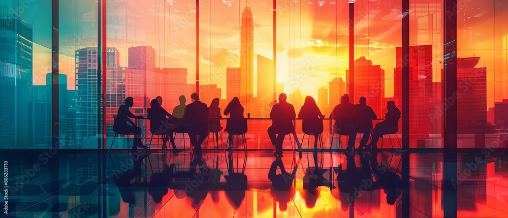 a silhouette of a group of business people in a meeting silhouetted against a city skyline, a silhouette of a group of business people in a meeting silhouetted against a city skyline,