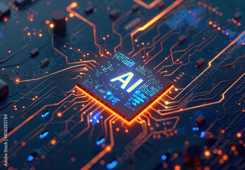 blue circuit board with shining elements and text  AI  on technology background