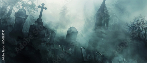 Spooky graveyard at night, tombstones enveloped in mist, creating an eerie and ghostly atmosphere. photo