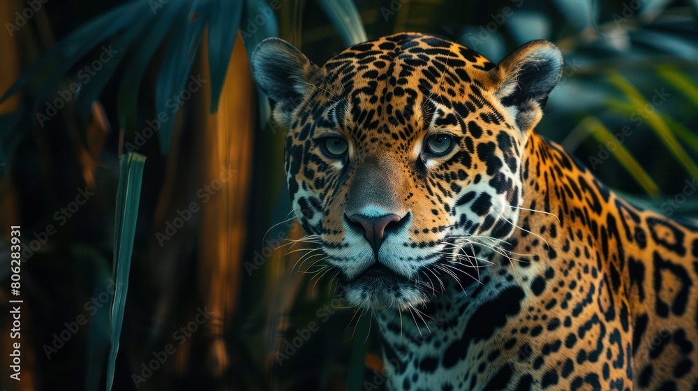 Obraz premium Intense and captivating, this jaguar's sharp stare commands attention against a backdrop of warm tones and lush jungle environment