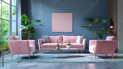 Modern living room with pink furniture. Interior design. 3d rendering.
