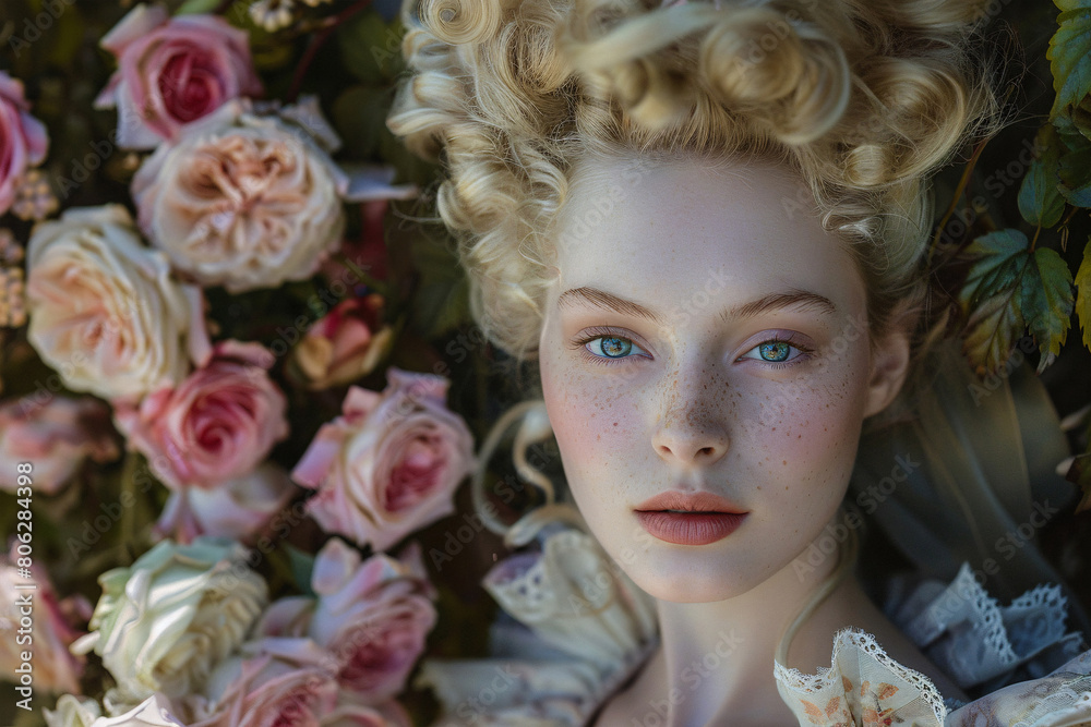 Beautiful woman with Rococo style hair and clothes with roses Beautiful woman with Rococo style hair and clothes with roses