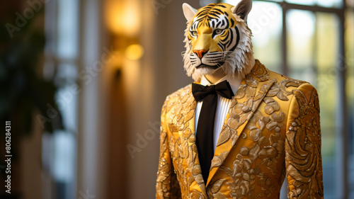 sophisticated tiger in a velvet smoking jacket, adorned with gold embroidery photo