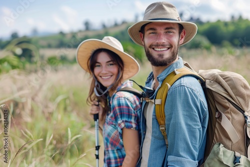 A man and woman enjoy a summer hiking adventure together.