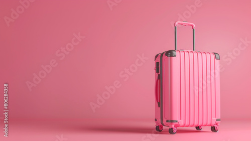 Pink Luggage bag on pink background with copy space. 3d rendering. minimal concept.