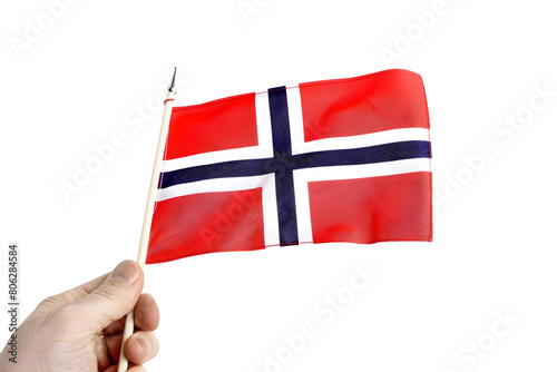 man hand hold national flag of Norway isolated on transparent background