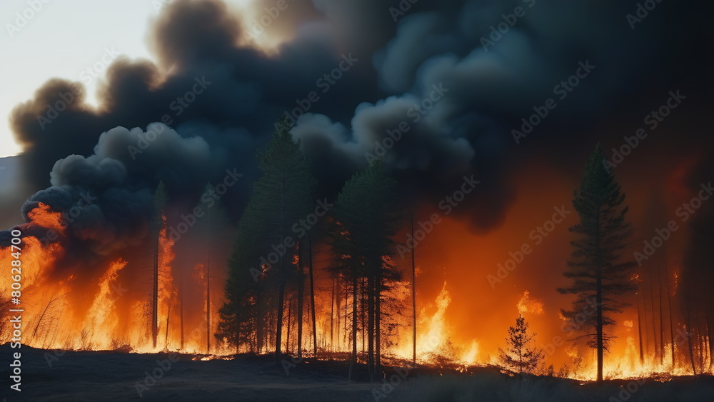 Fire in the forest spreads in dry weather in summer