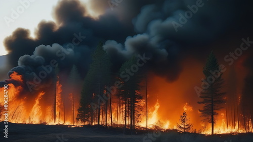 Fire in the forest spreads in dry weather in summer