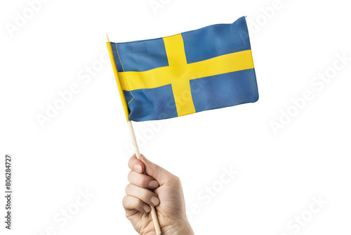 man hand hold national flag of Sweden isolated on transparent background photo
