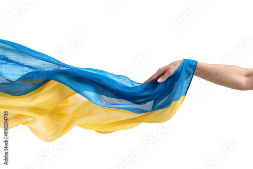 man hand hold national flag of Ukraine isolated on transparent background
