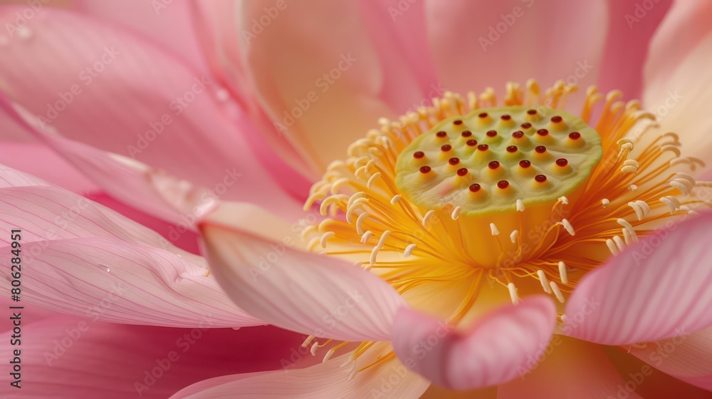 Detail-oriented shot of a blooming pink lotus with exquisite stamen and fresh petals Detail-oriented shot of a blooming pink lotus with exquisite stamen and fresh petals