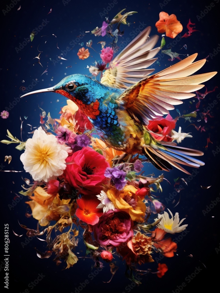 Birds Emerge from Exotic Flower Bouquet
