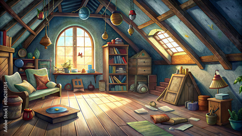 children room at the attic with old books