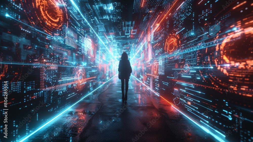 The image is a dark, futuristic tunnel with a person walking through it The image is a dark, futuristic tunnel with a person walking through it