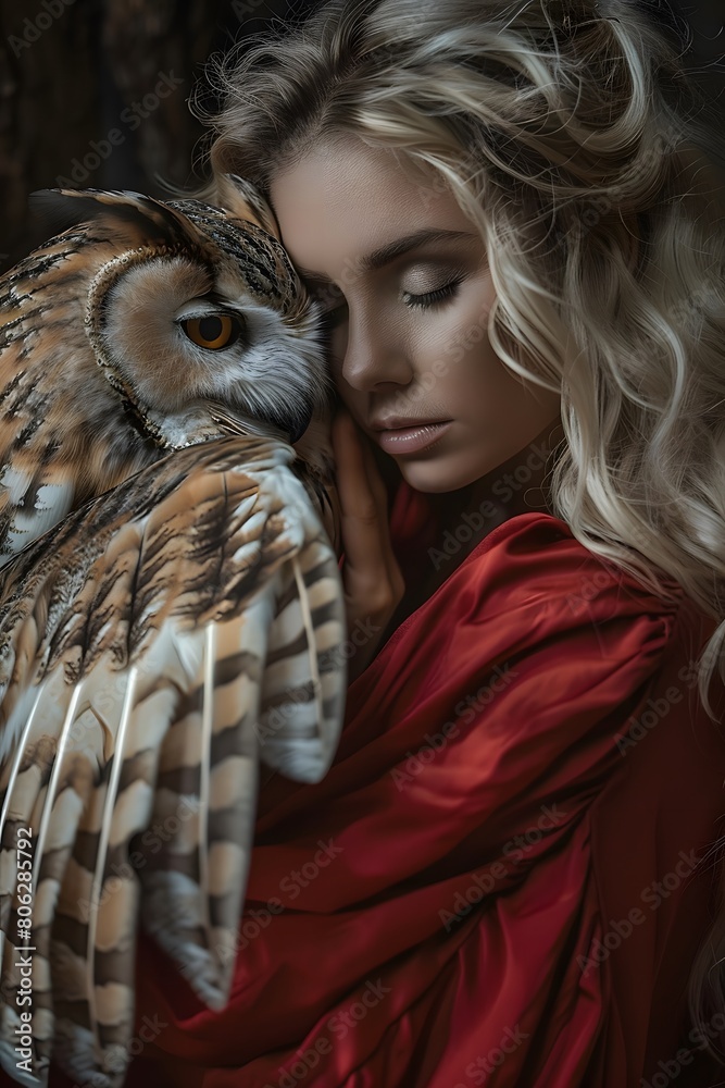 Photo of a woman in ruby color cloth and holding her owl