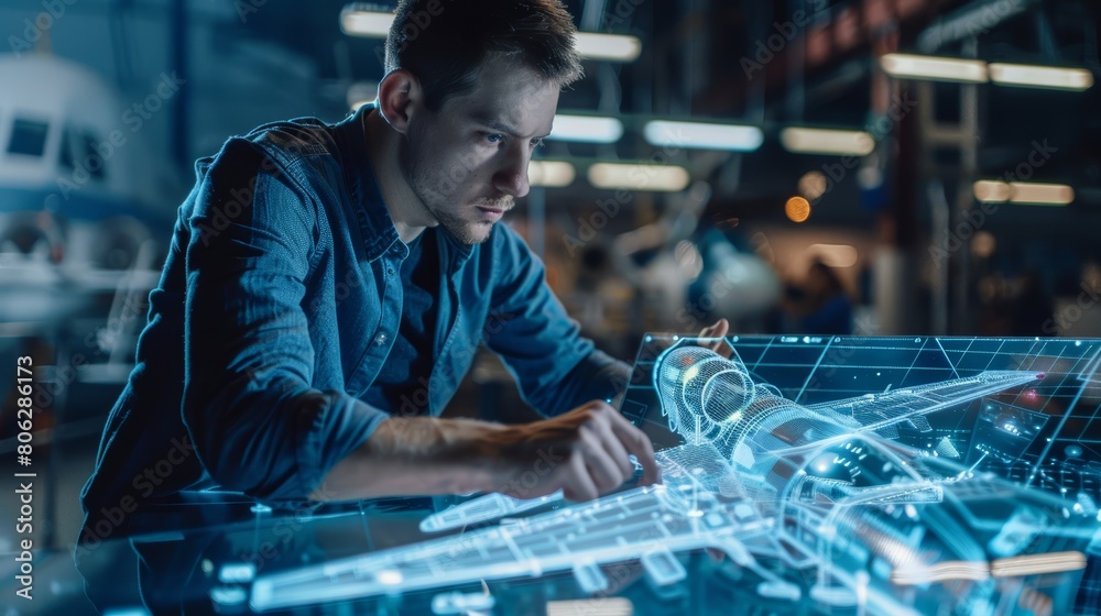 Man examining holographic car engine design in a high-tech laboratory. Futuristic technology concept.