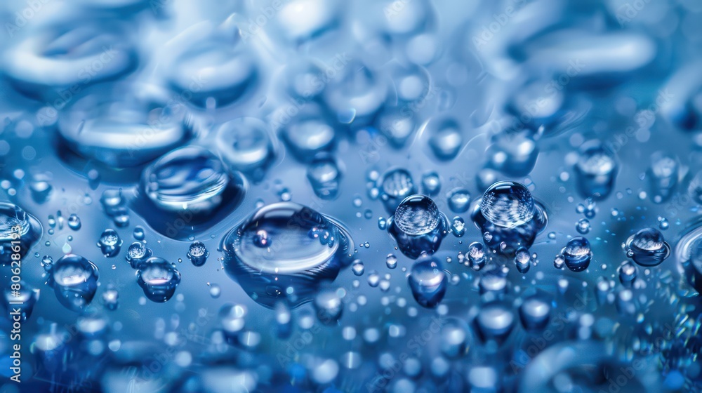 Stunning macro shot focusing on crisp, clear blue water droplets scattered across a reflective surface Stunning macro shot focusing on crisp, clear blue water droplets scattered across a reflective surface