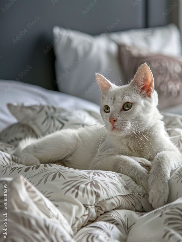 A white cat is sitting on a bed.