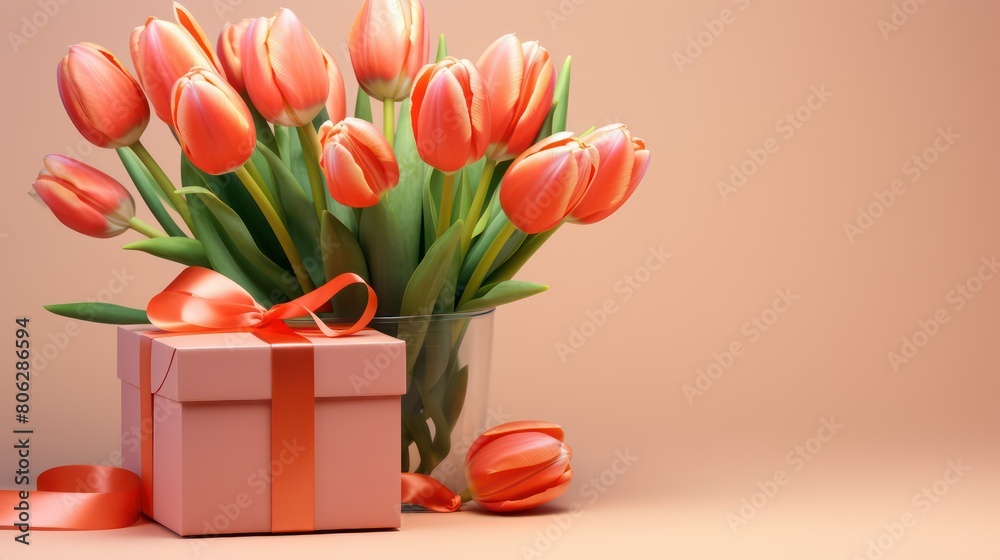 Fototapeta premium Bouquet of tulips and gift box on orange background.