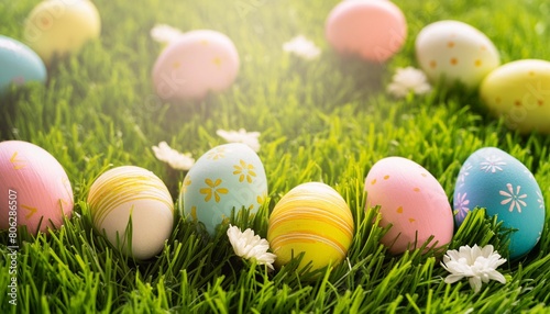 ai generated illustration of festive easter eggs nestled in lush green grass