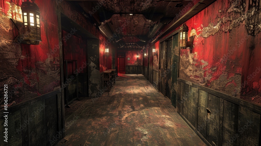 Obraz premium The dark and mysterious hotel hallway is the perfect setting for a horror movie.