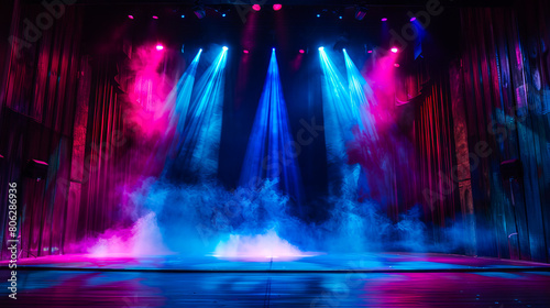 A stage with smoke and lights.