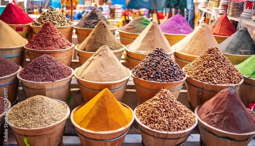 ai generated ai generative traditional arab indian asian morocco spice products at day domestic market store shop bazzar healthy organic item view sell photo