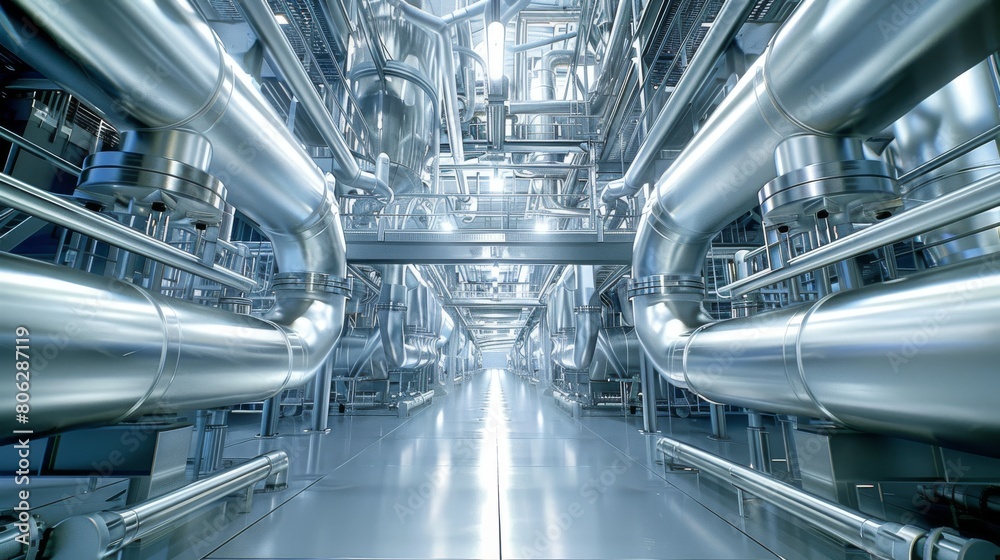 Obraz premium Futuristic Industrial Plant with Shining Metal Pipelines and Modern Engineering. Generative ai