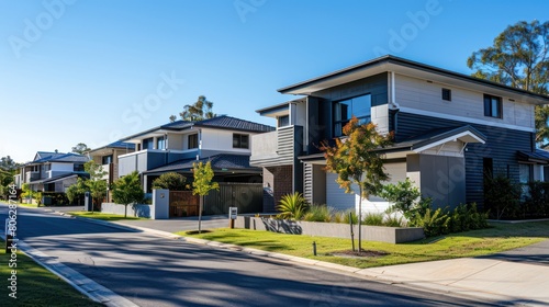 the essence of suburban living with modern homes lined up on a sunny day, showcasing comfortable living