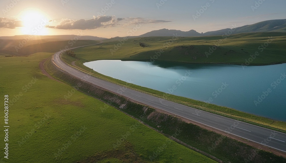 asphalt highway road and blue lake with green grass nature landscape at sunset