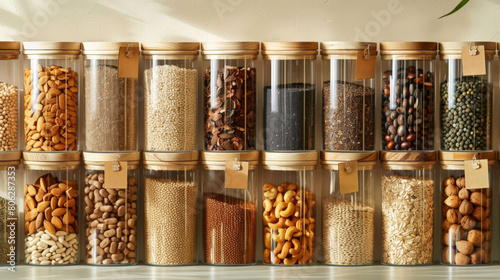 Organized display of various grains and seeds in clear glass jars, showcasing an eco-friendly and sustainable kitchen storage solution. photo