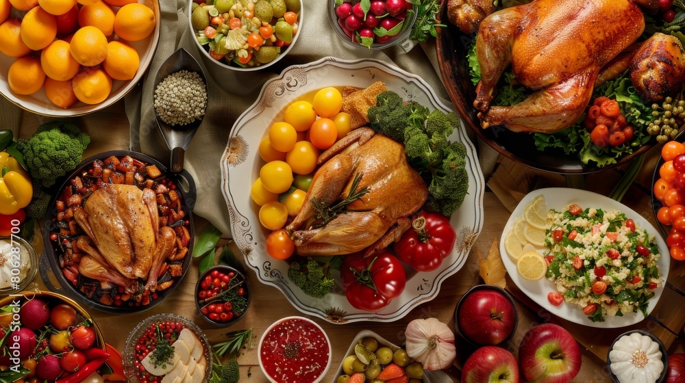 Festive Holiday Feast with Roasted Turkey, Various Sides, and Fresh Fruits. Generative ai