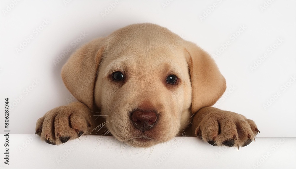 cute little labrador puppy lying isolated on white background top view