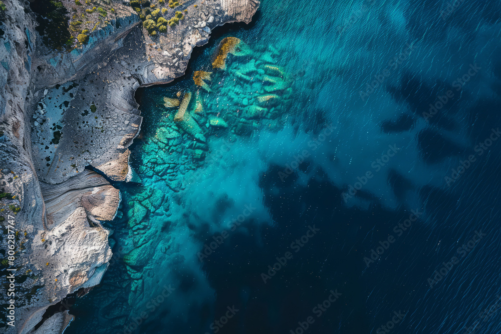 Fototapeta premium Aerial view of tropical island and blue clear water