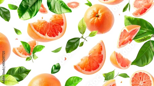 Fresh citrus fruits scattered on a white background. Ripe grapefruits with green leaves  sliced and whole. Vibrant colors  healthy food concept. Ideal for nutrition and wellness designs. AI