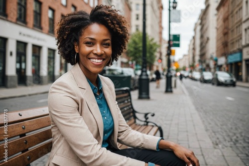Smiling Black businesswoman working on bench on city street