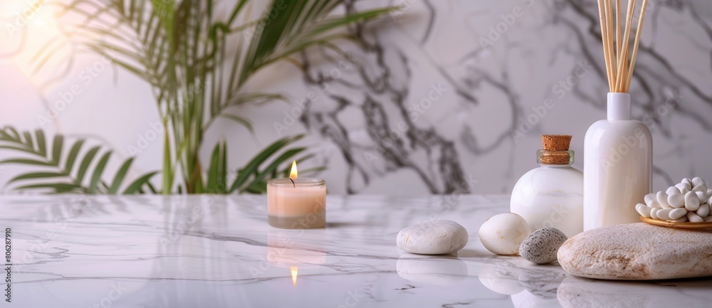 spa salon with towels, candles and stones.