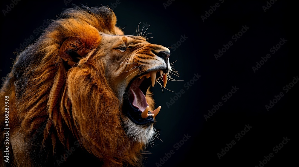 Naklejka premium Majestic Roaring Lion in Dark Backdrop, Powerful Wildlife Portrait. Close-up of a King, Fierce Animal Expression Captured. AI
