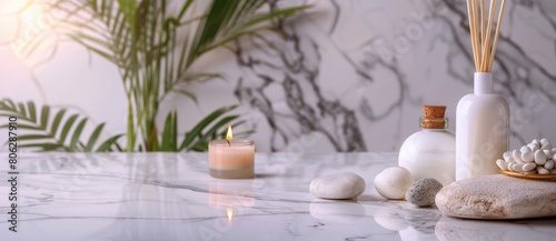 spa salon with towels  candles and stones.