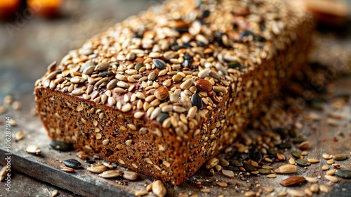Whole multigrain bread loaf topped with seeds on a white marble background. Healthy eating and bakery concept photo