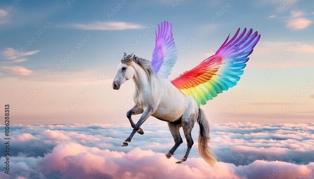 pegasus with wings that display a vibrant rainbow soaring through a sky painted with pastel clouds