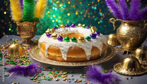 king cake surrounded by mardi gras decorations, christmas cake with candles, King cake, sliced Mardi Gras king cake © sinthi