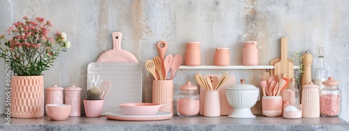  Stylish kitchen arrangement with pink utensils and ceramic ware on wooden shelves. photo