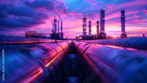 Steel pipes, turbines, and processing equipment in an oil industry petrochemical pipeline. Concept Steel, Pipes, Turbines, Processing Equipment, Petrochemical Pipeline photo