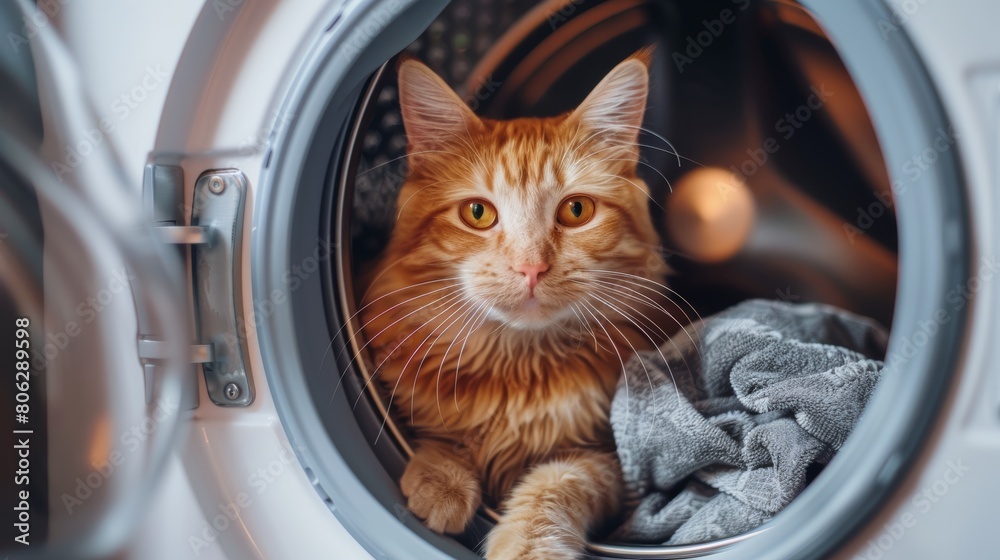 Orange tabby cat inside a washing machine with gray towels. Studio pet portrait with copy space.