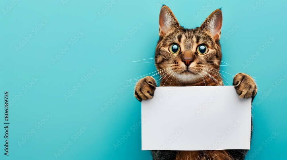 Cute kitten holding a blank frame with copy space on a blue background. Cute kitten holding a blank frame with copy space on a blue background.