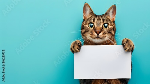 Cute kitten holding a blank frame with copy space on a blue background.