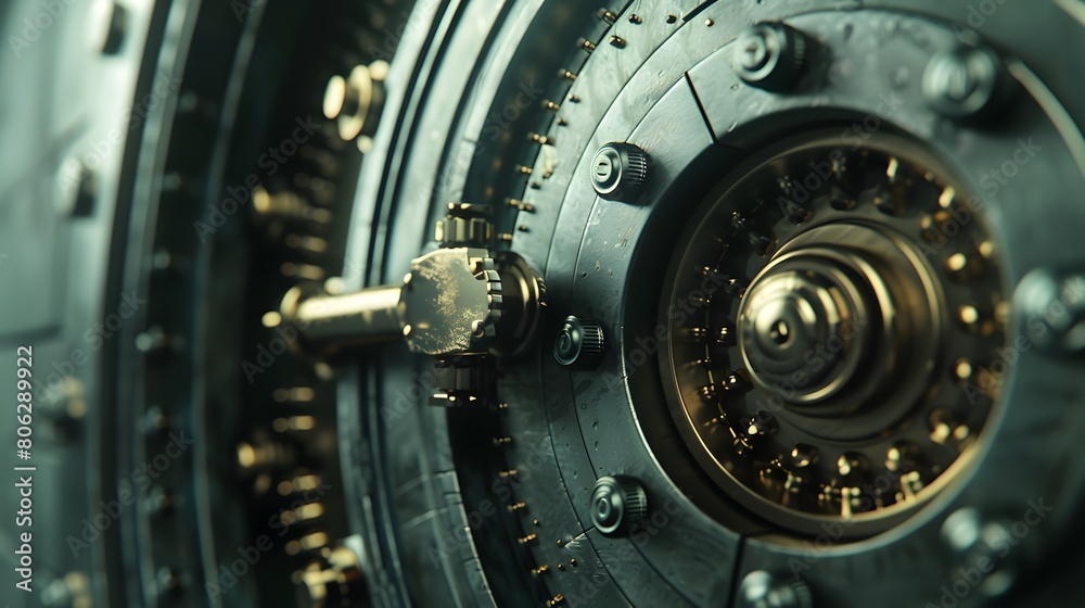 A detailed view of a metal door with a handle, possibly part of a bank safe. Background. A detailed view of a metal door with a handle, possibly part of a bank safe. Background.