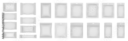 Set of realistic pouch mockups. White flow pack, sachet, zip bag. Soap wrapper. Sheet mask sachet. Soap or wet wipes packaging. Sugar stick